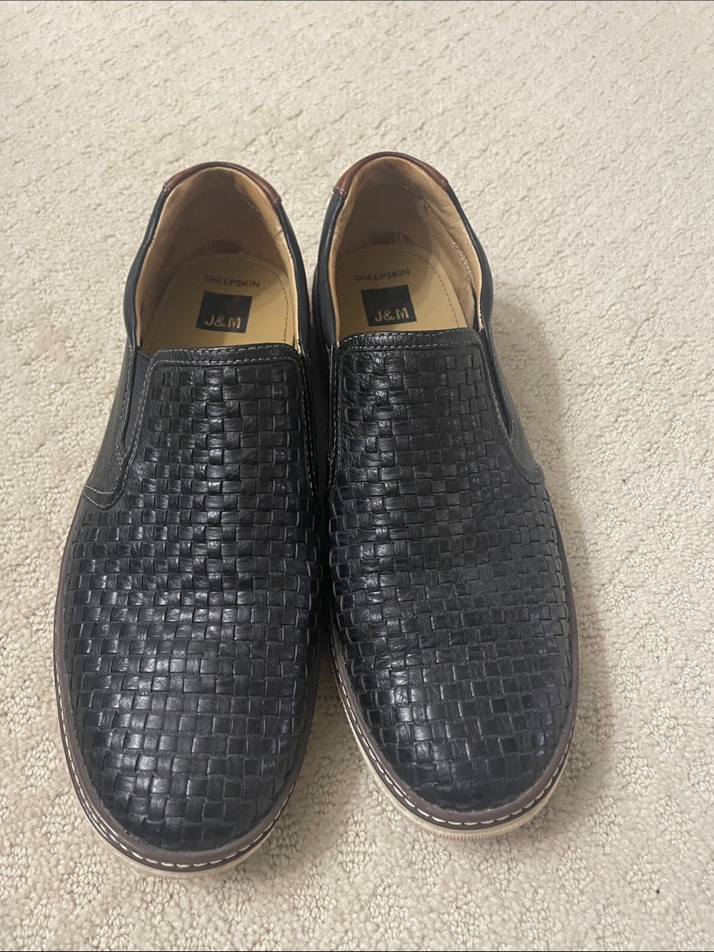 J&M Men’s Black Woven Leather Slip-On Loafers